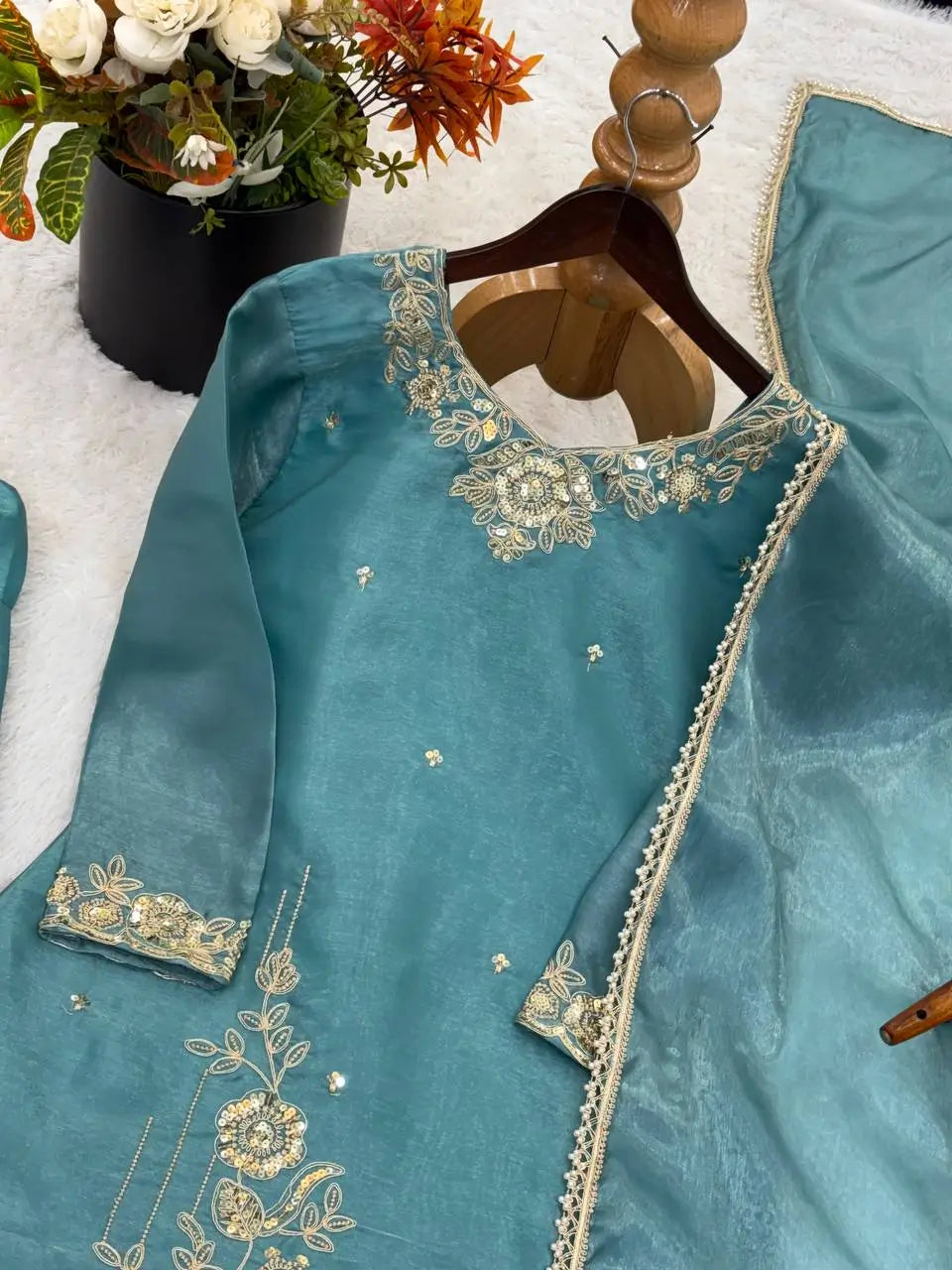 Elegant Embroidered Silk Farshi Suit Set