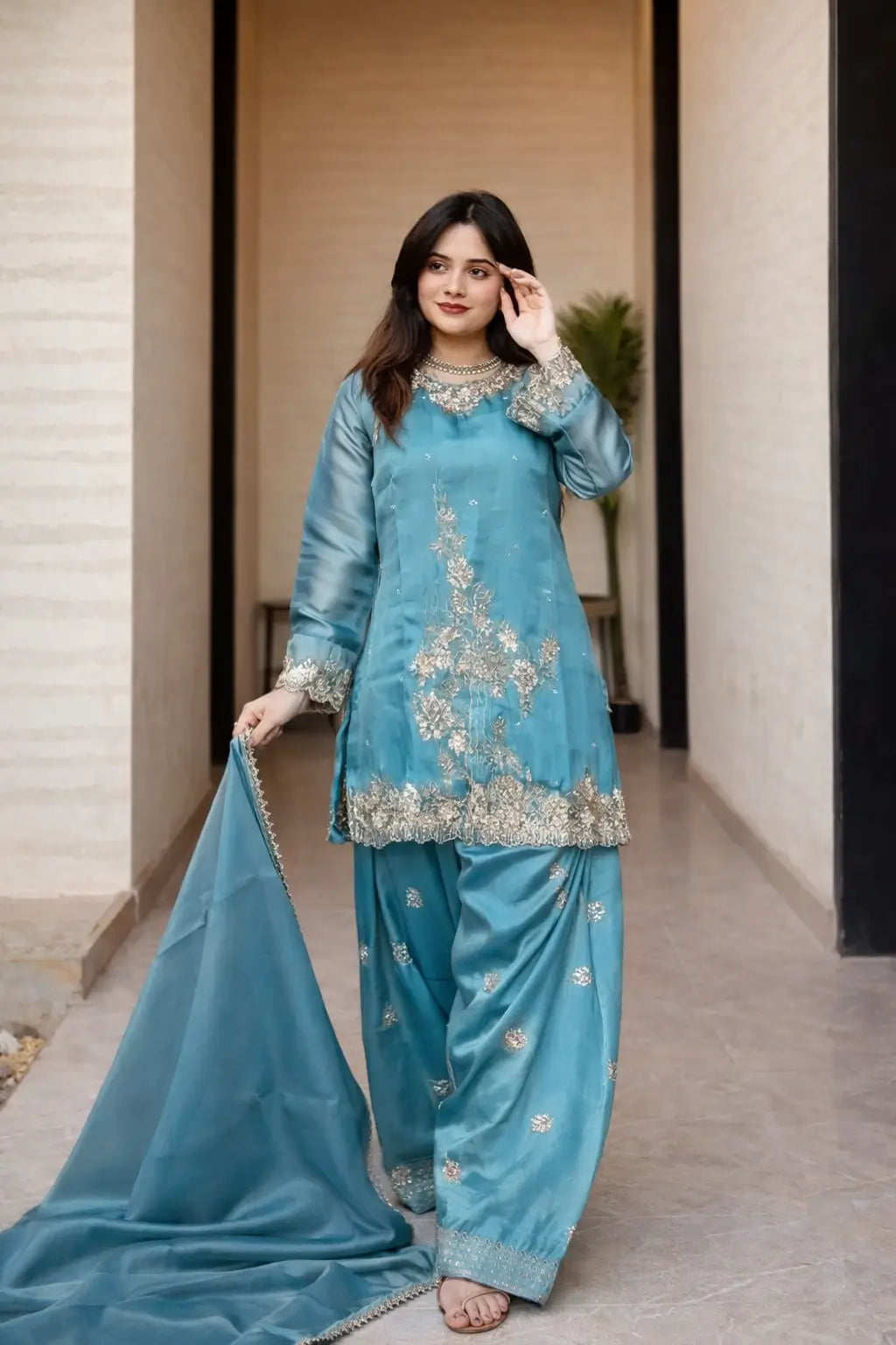Elegant Embroidered Silk Farshi Suit Set
