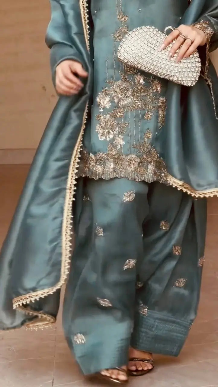 Elegant Embroidered Silk Farshi Suit Set