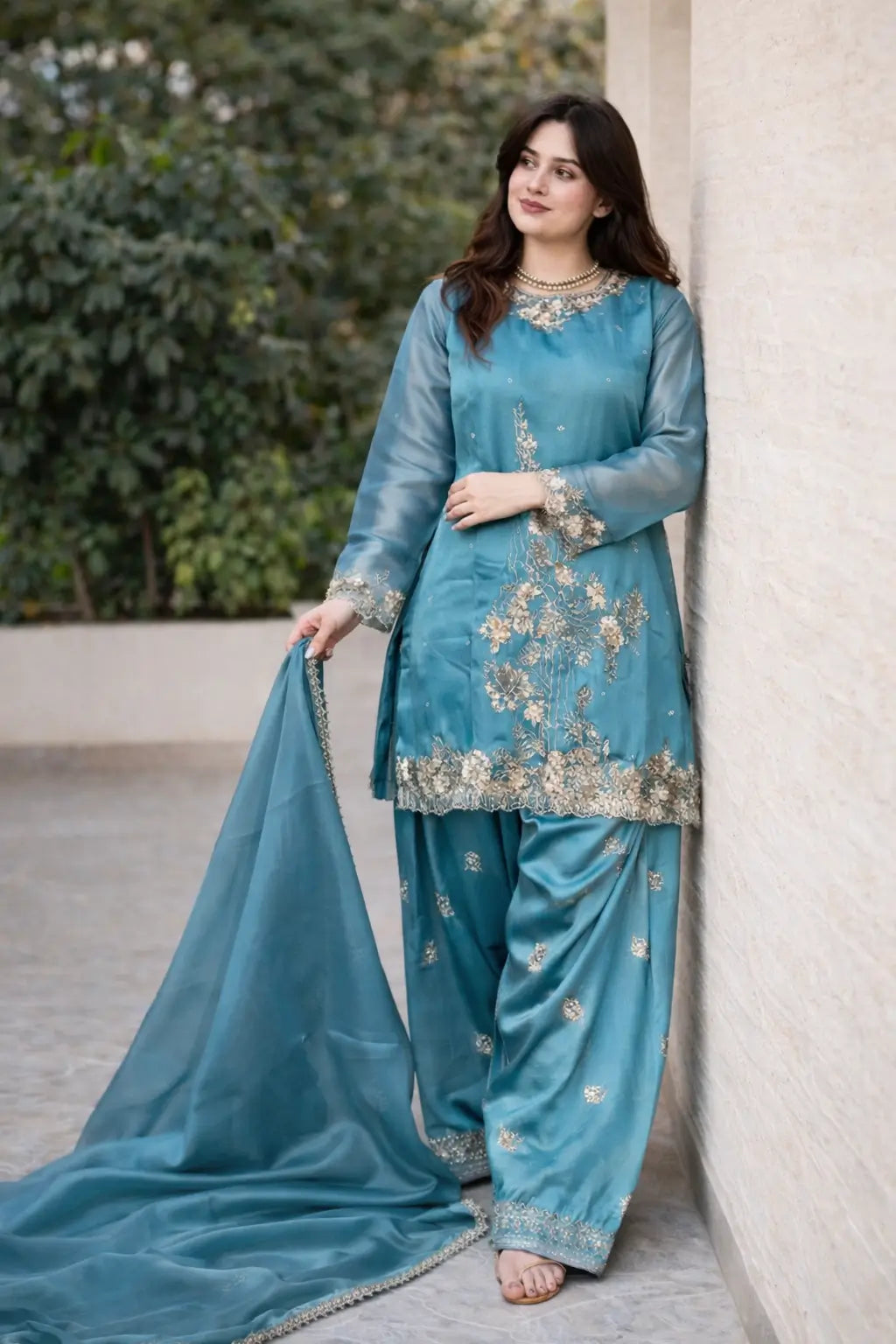 Elegant Embroidered Silk Farshi Suit Set