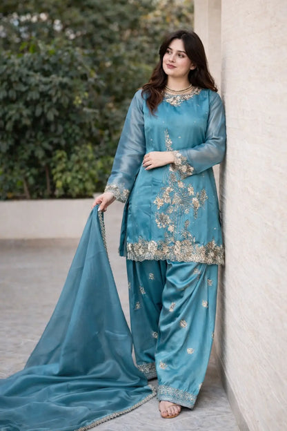 Elegant Embroidered Silk Farshi Suit Set