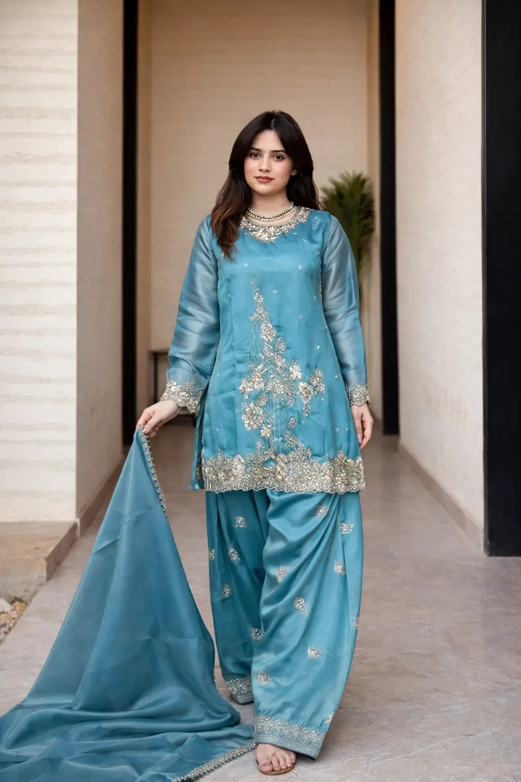 Elegant Embroidered Silk Farshi Suit Set