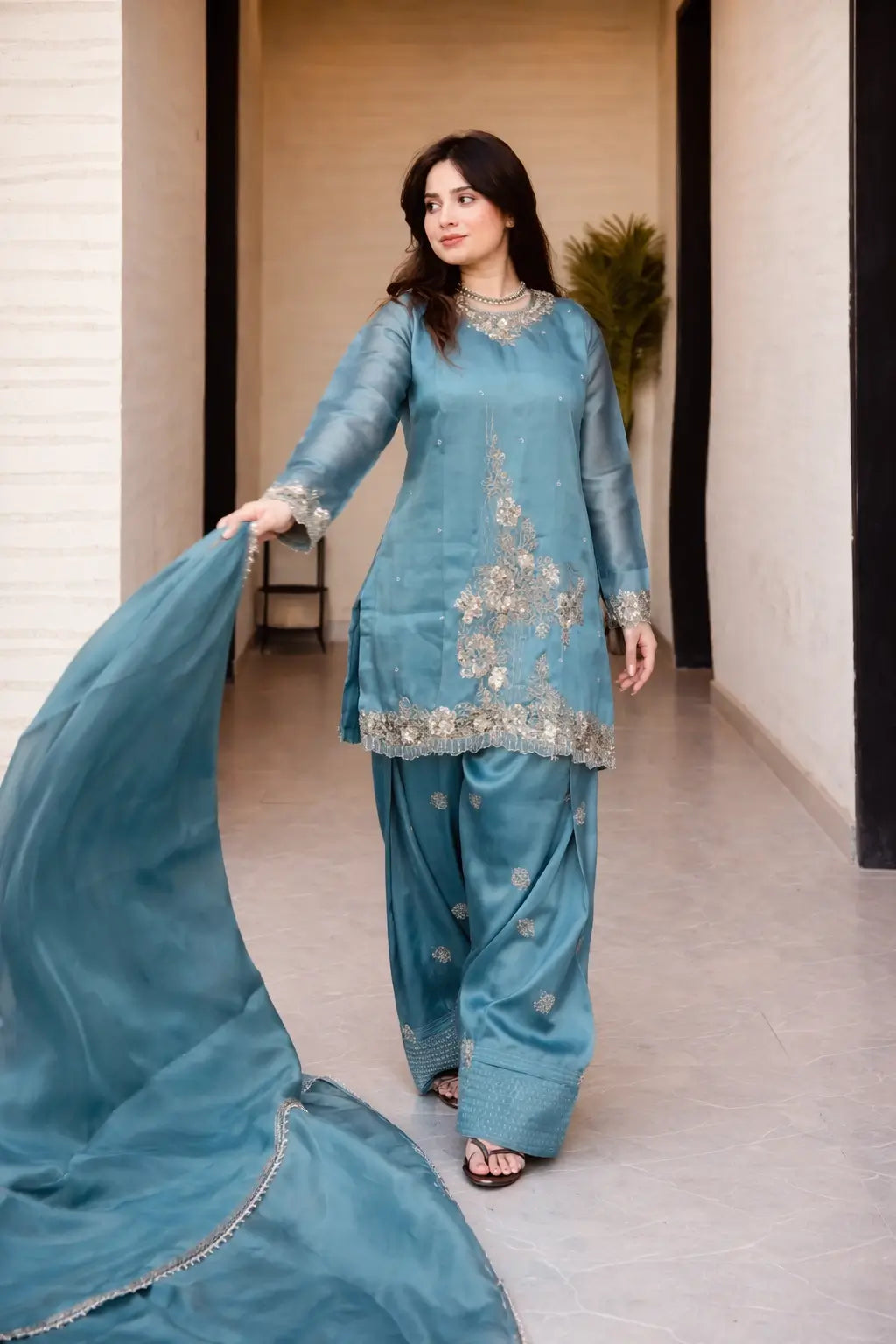 Elegant Embroidered Silk Farshi Suit Set