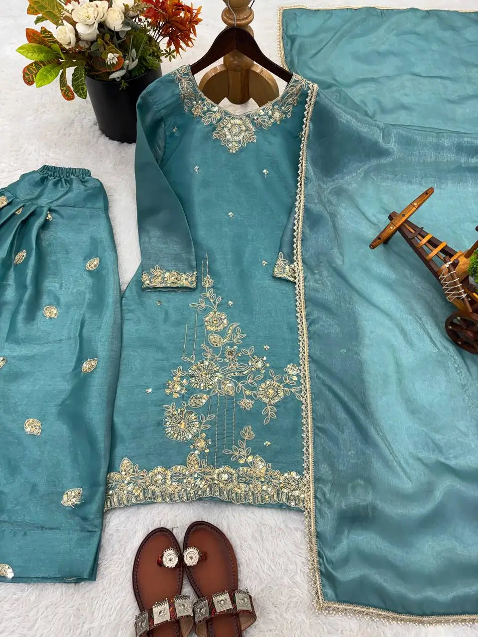 Elegant Embroidered Silk Farshi Suit Set
