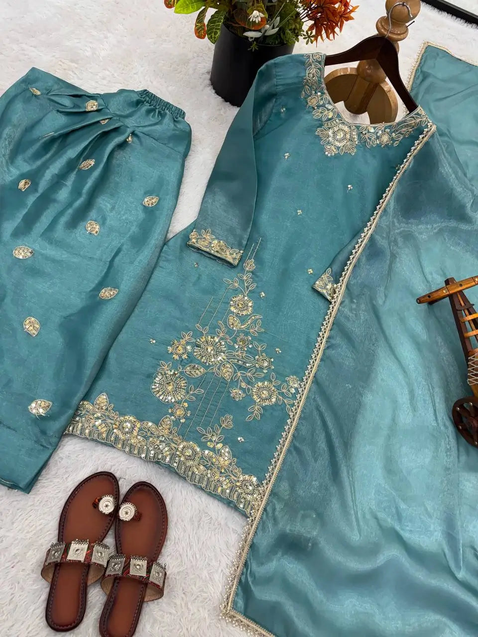 Elegant Embroidered Silk Farshi Suit Set