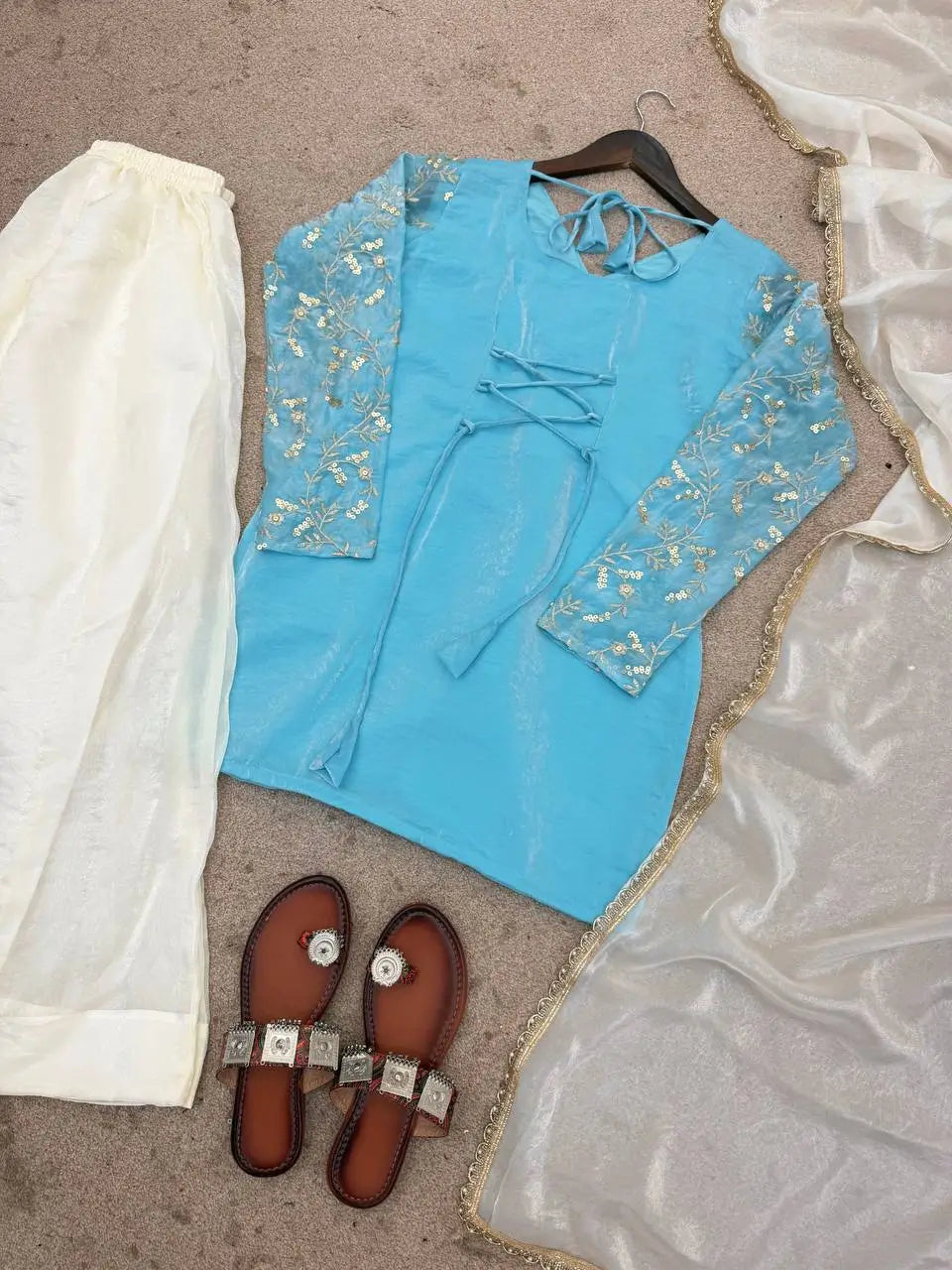 Elegant Embroidered Silk Kurta Palazzo Set with Dupatta for Festive Wear