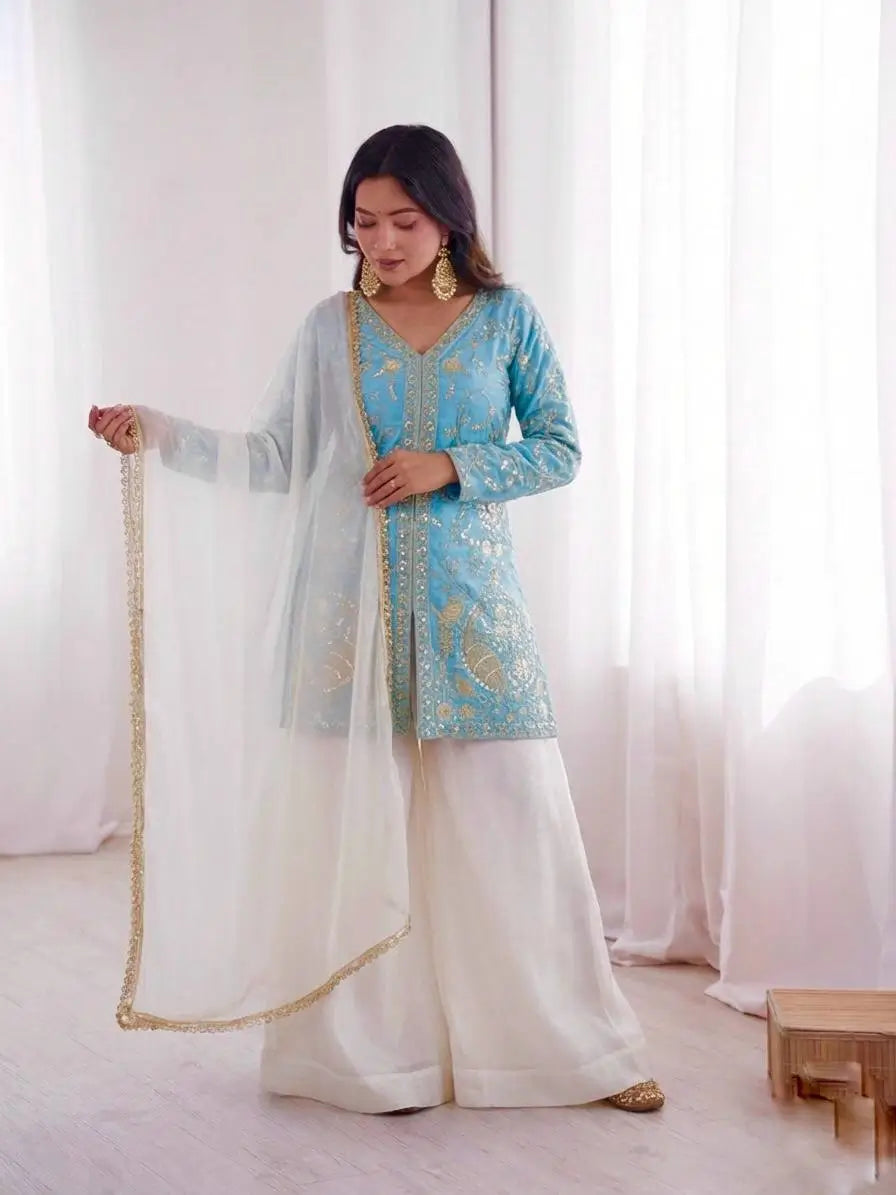 Elegant Embroidered Silk Kurta Palazzo Set with Dupatta for Festive Wear