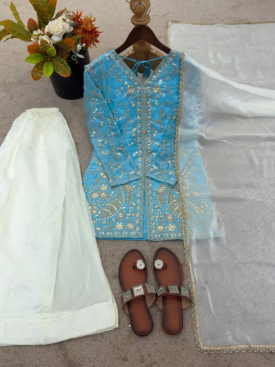 Elegant Embroidered Silk Kurta Palazzo Set with Dupatta for Festive Wear