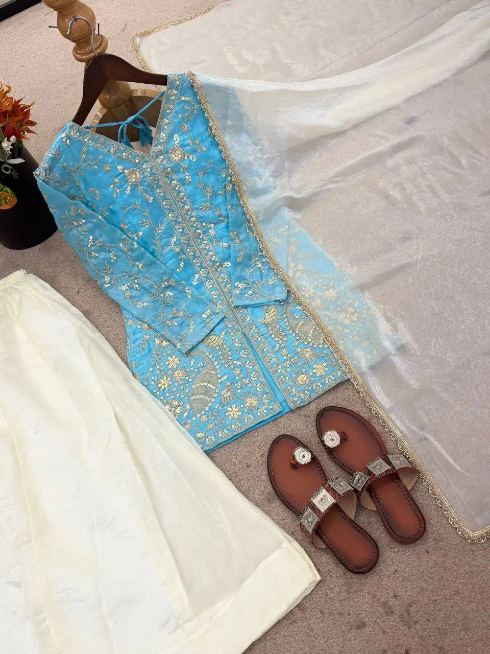 Elegant Embroidered Silk Kurta Palazzo Set with Dupatta for Festive Wear
