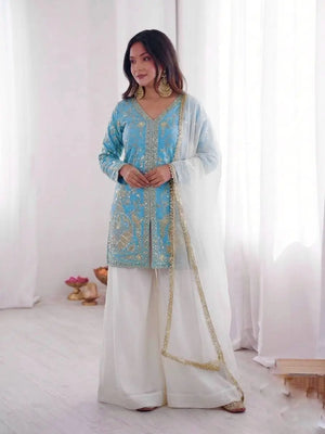 Elegant Embroidered Silk Kurta Palazzo Set with Dupatta for Festive Wear