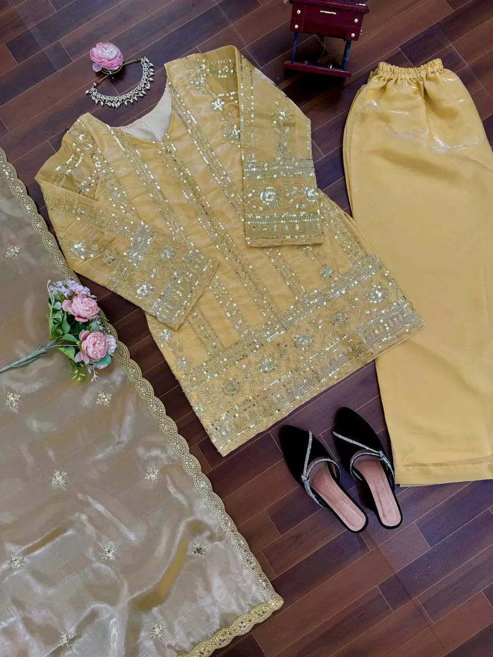 Elegant Embroidered Silk Palazzo Suit Set