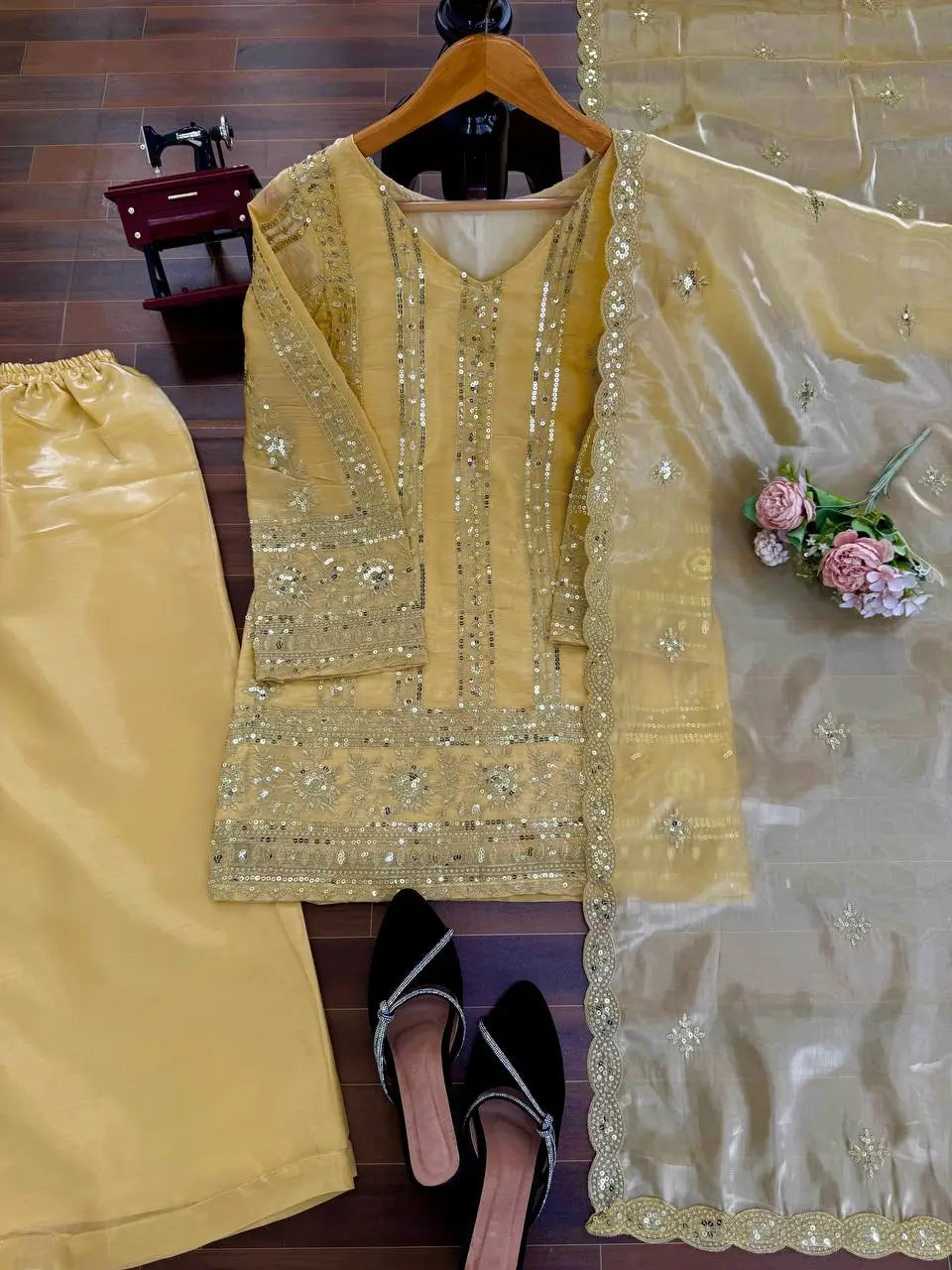 Elegant Embroidered Silk Palazzo Suit Set
