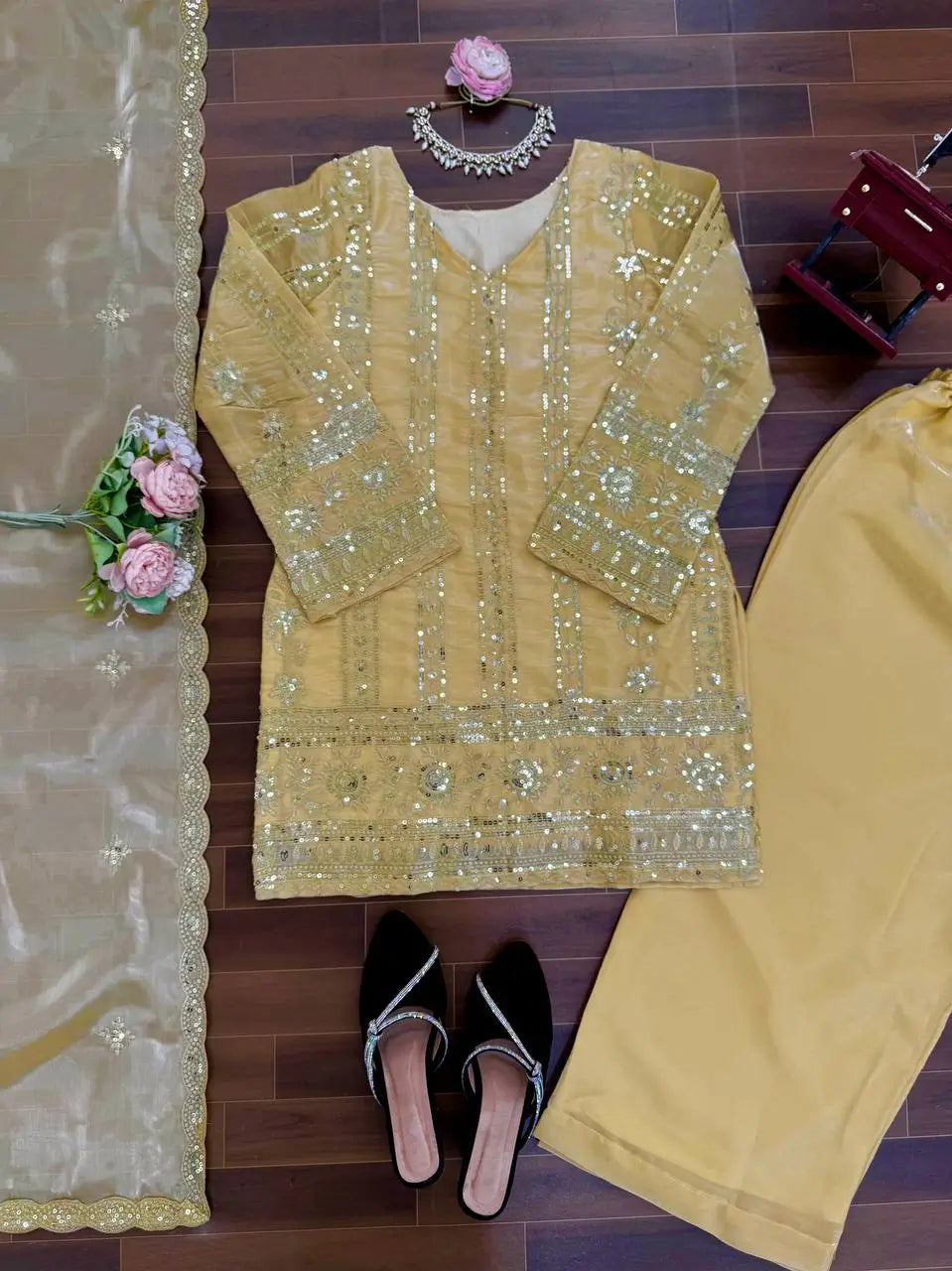 Elegant Embroidered Silk Palazzo Suit Set