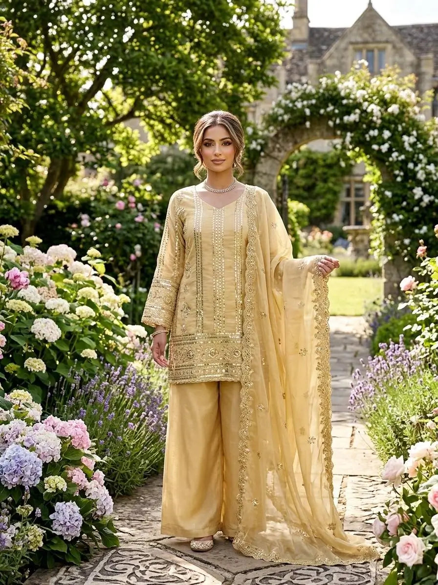 Elegant Embroidered Silk Palazzo Suit Set