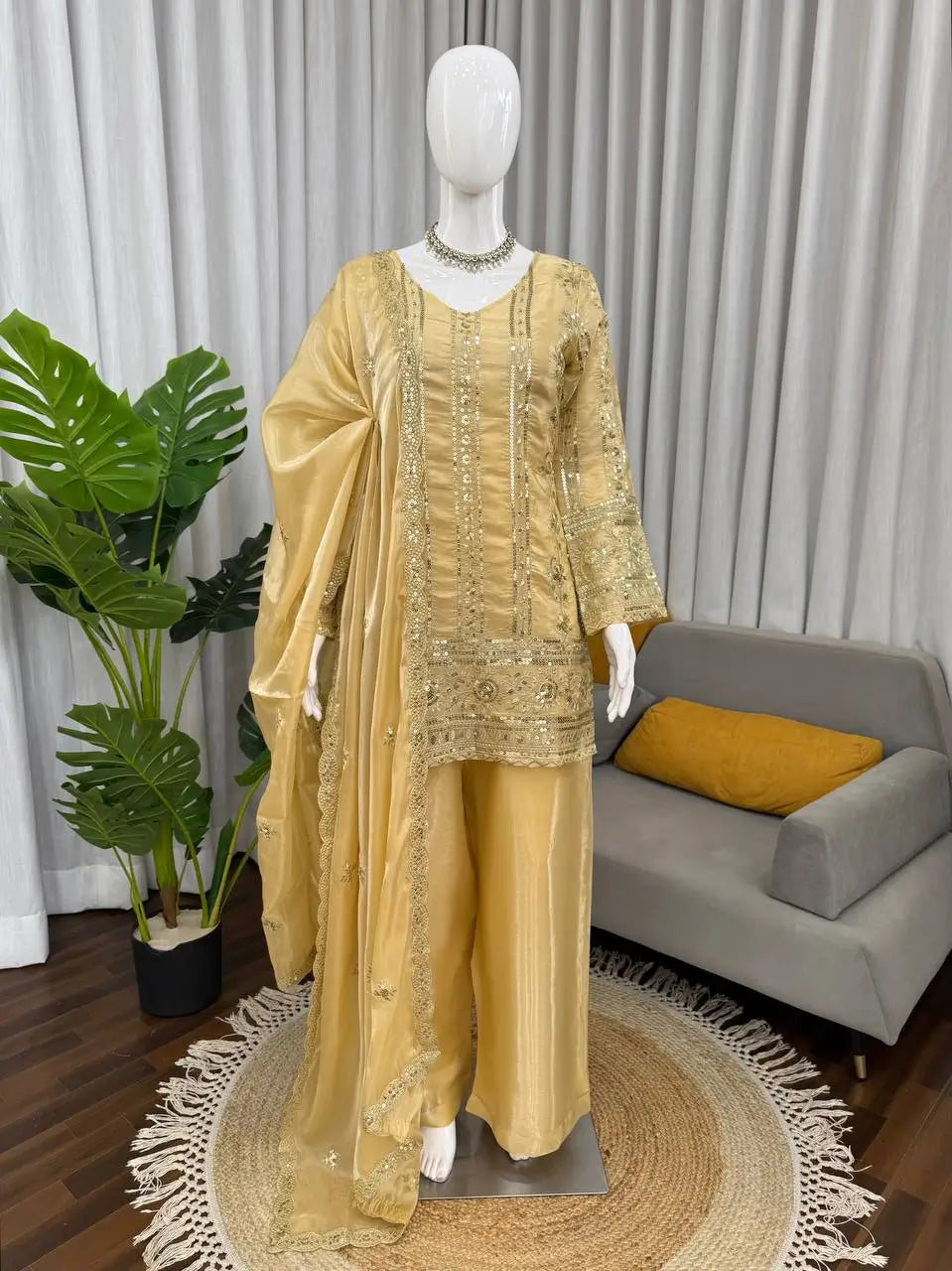 Elegant Embroidered Silk Palazzo Suit Set