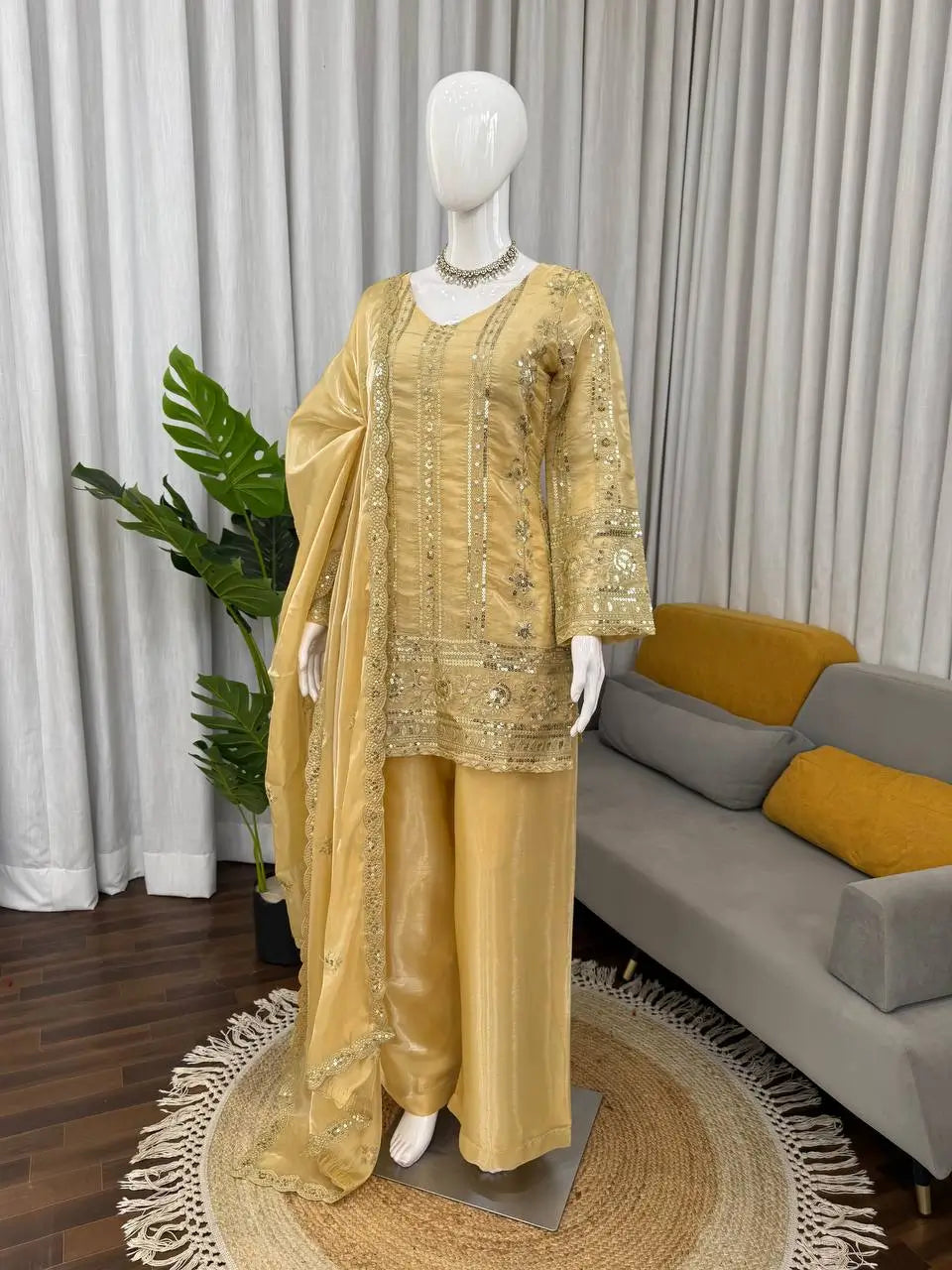 Elegant Embroidered Silk Palazzo Suit Set