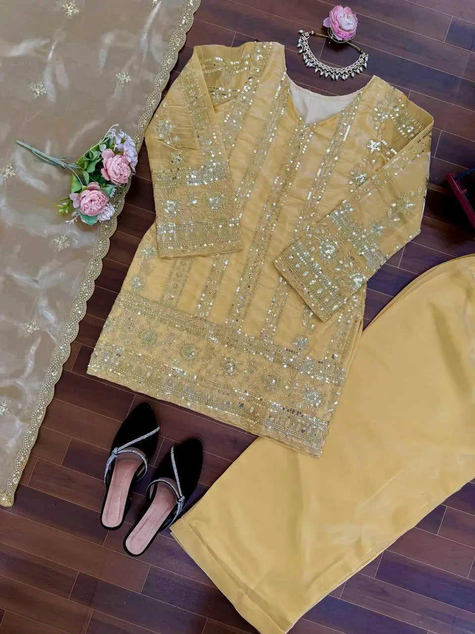 Elegant Embroidered Silk Palazzo Suit Set