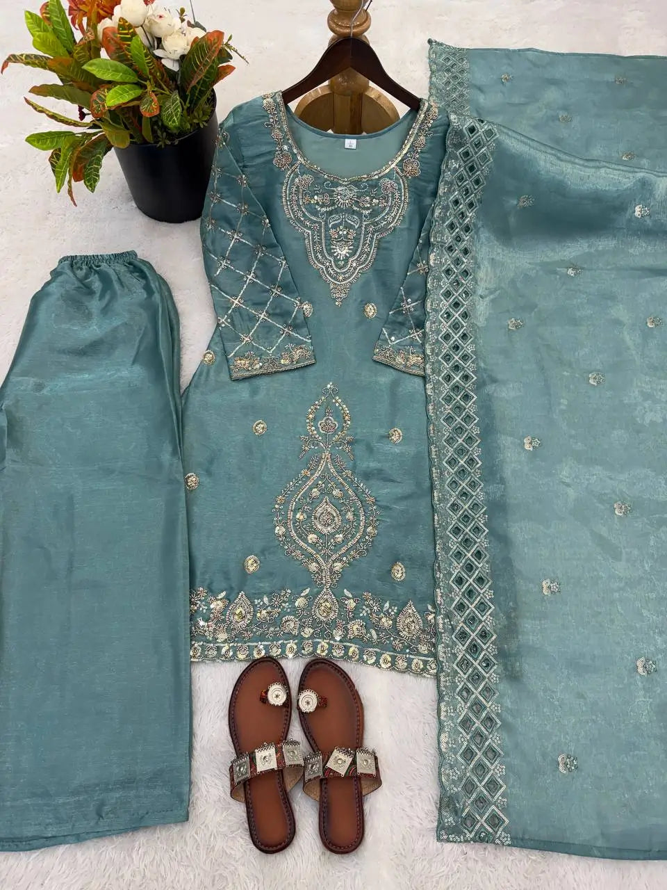 Elegant Embroidered Silk Sharara Set for Festive and Wedding Wear
