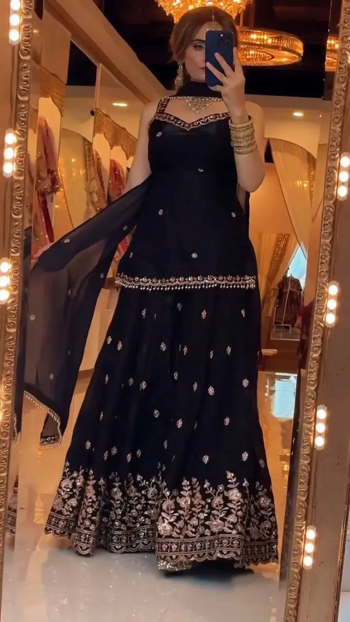 Elegant Embroidered Silk Sharara Suit Set for Wedding and Festive Wear