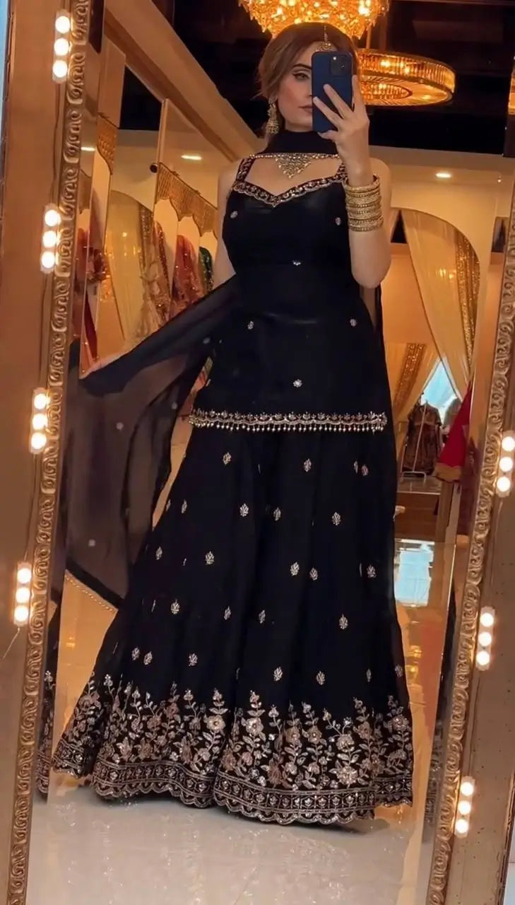 Elegant Embroidered Silk Sharara Suit Set for Wedding and Festive Wear