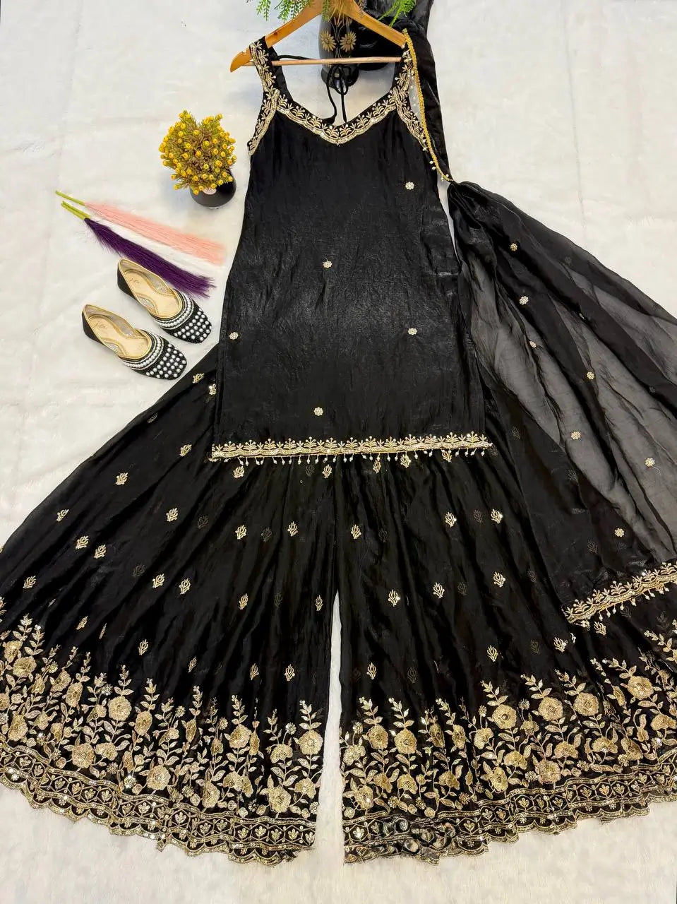 Elegant Embroidered Silk Sharara Suit Set for Wedding and Festive Wear