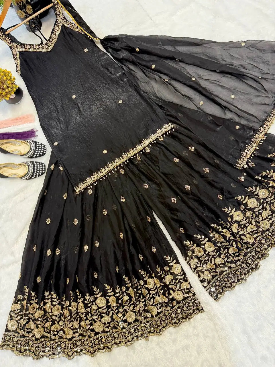Elegant Embroidered Silk Sharara Suit Set for Wedding and Festive Wear