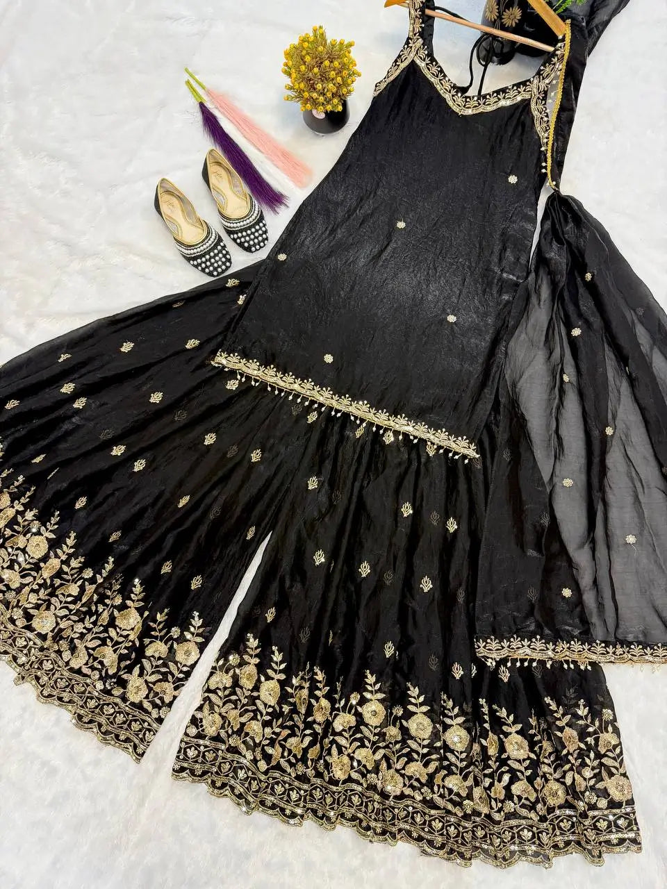Elegant Embroidered Silk Sharara Suit Set for Wedding and Festive Wear