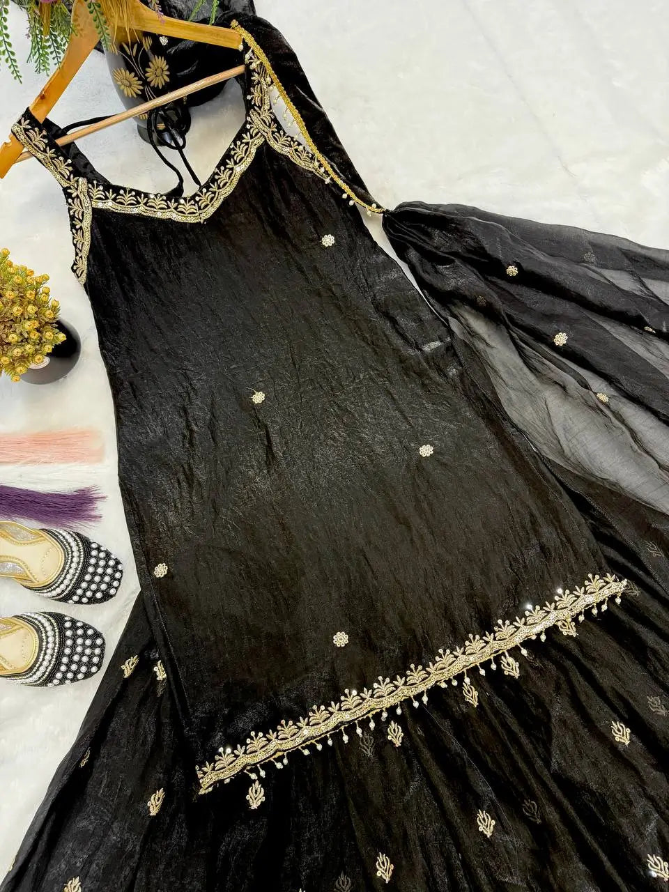 Elegant Embroidered Silk Sharara Suit Set for Wedding and Festive Wear