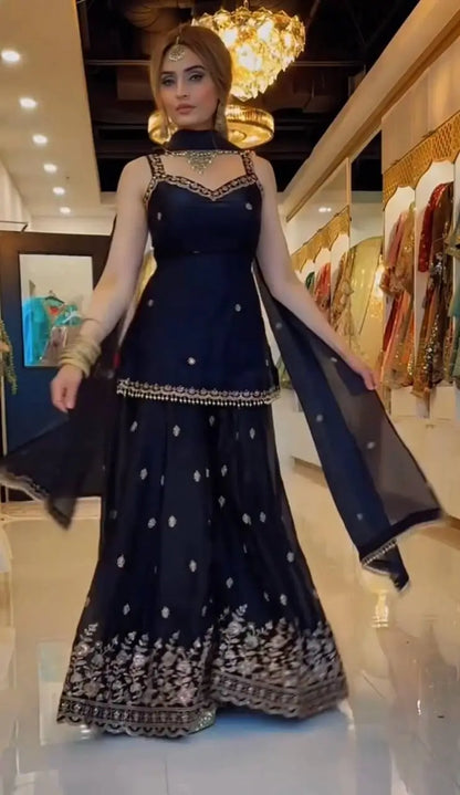 Elegant Embroidered Silk Sharara Suit Set for Wedding and Festive Wear