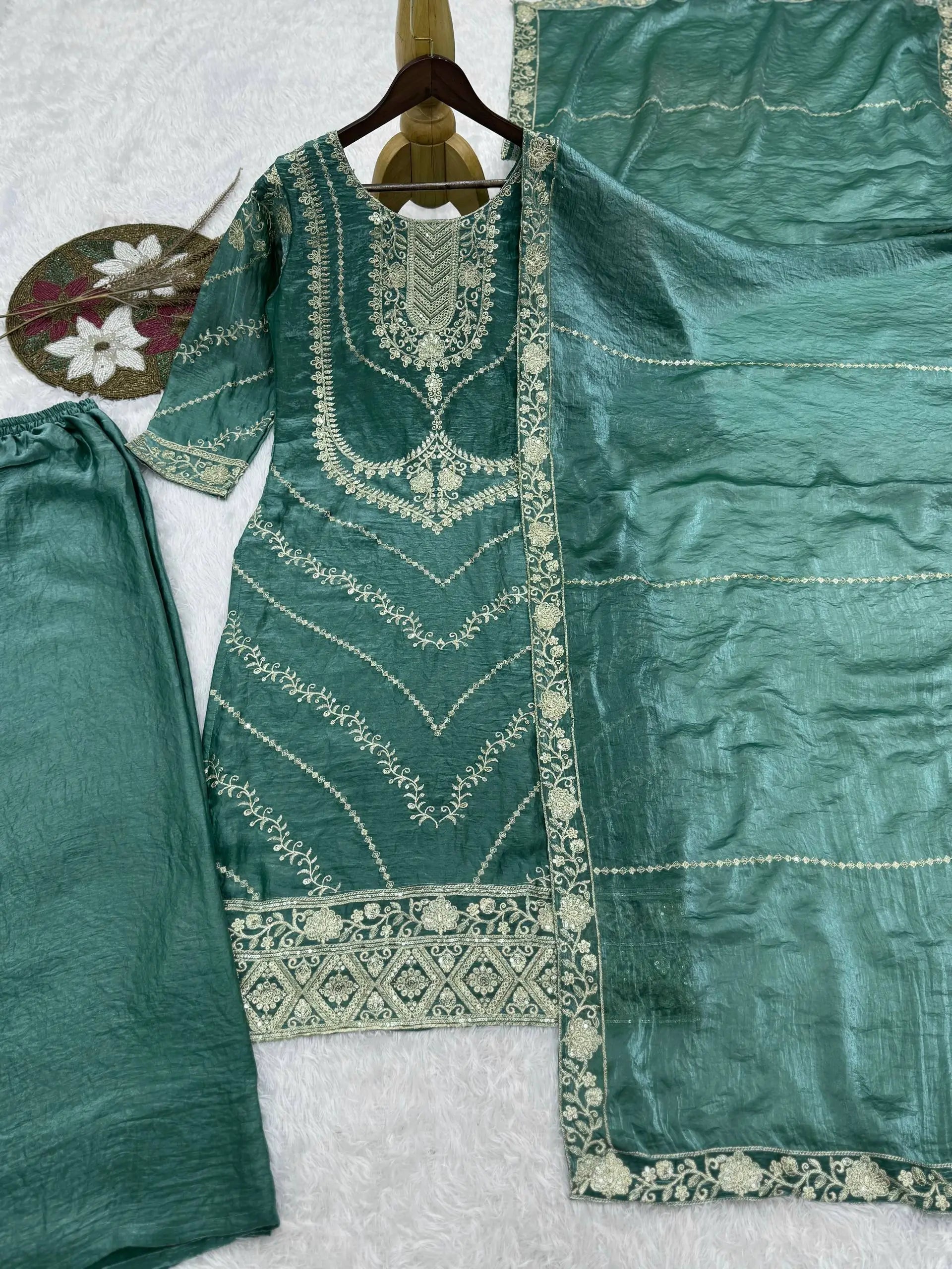 Elegant Embroidered Silk Suit Set for Festive and Wedding Wear