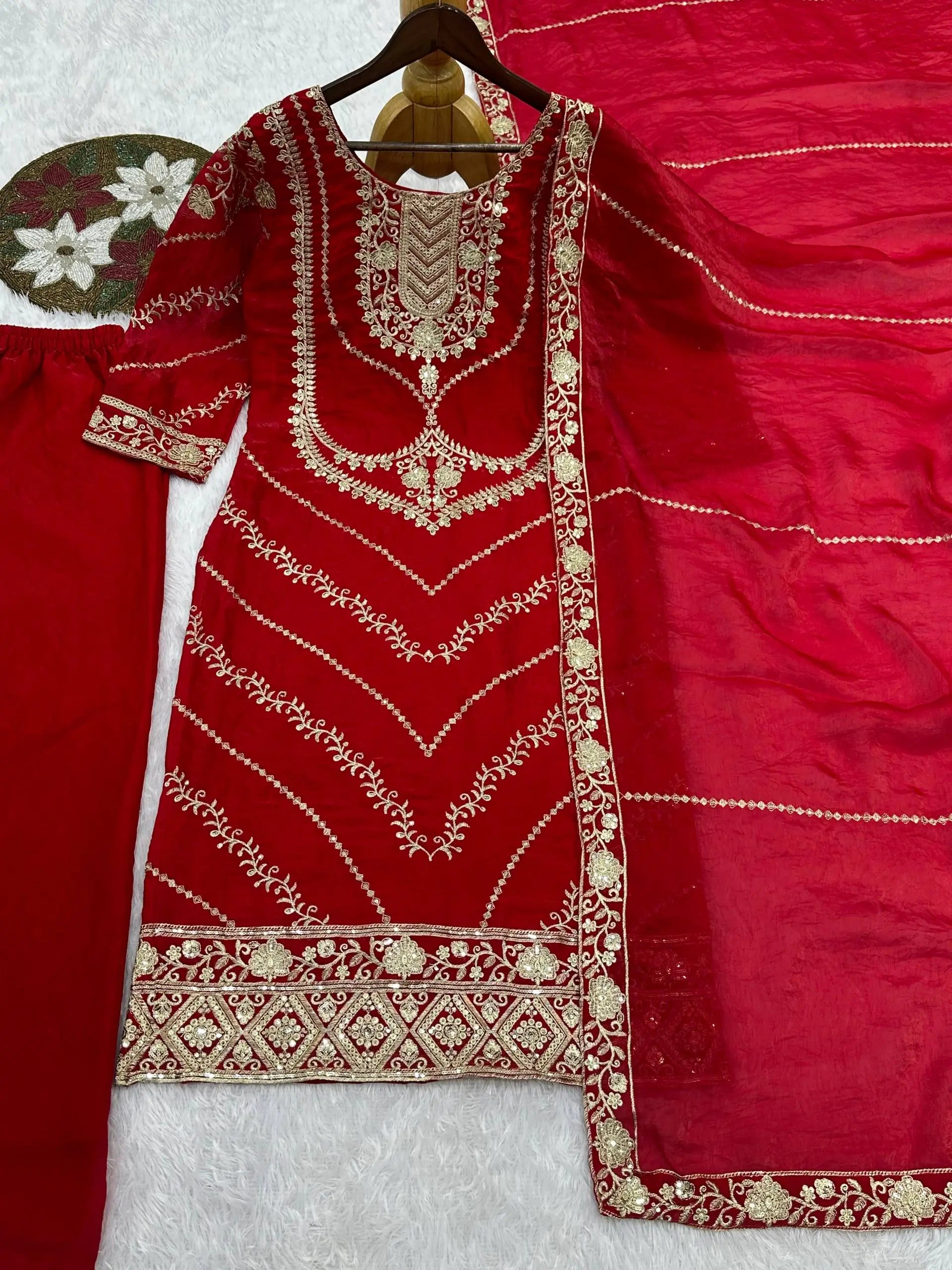 Elegant Embroidered Silk Suit Set for Festive and Wedding Wear