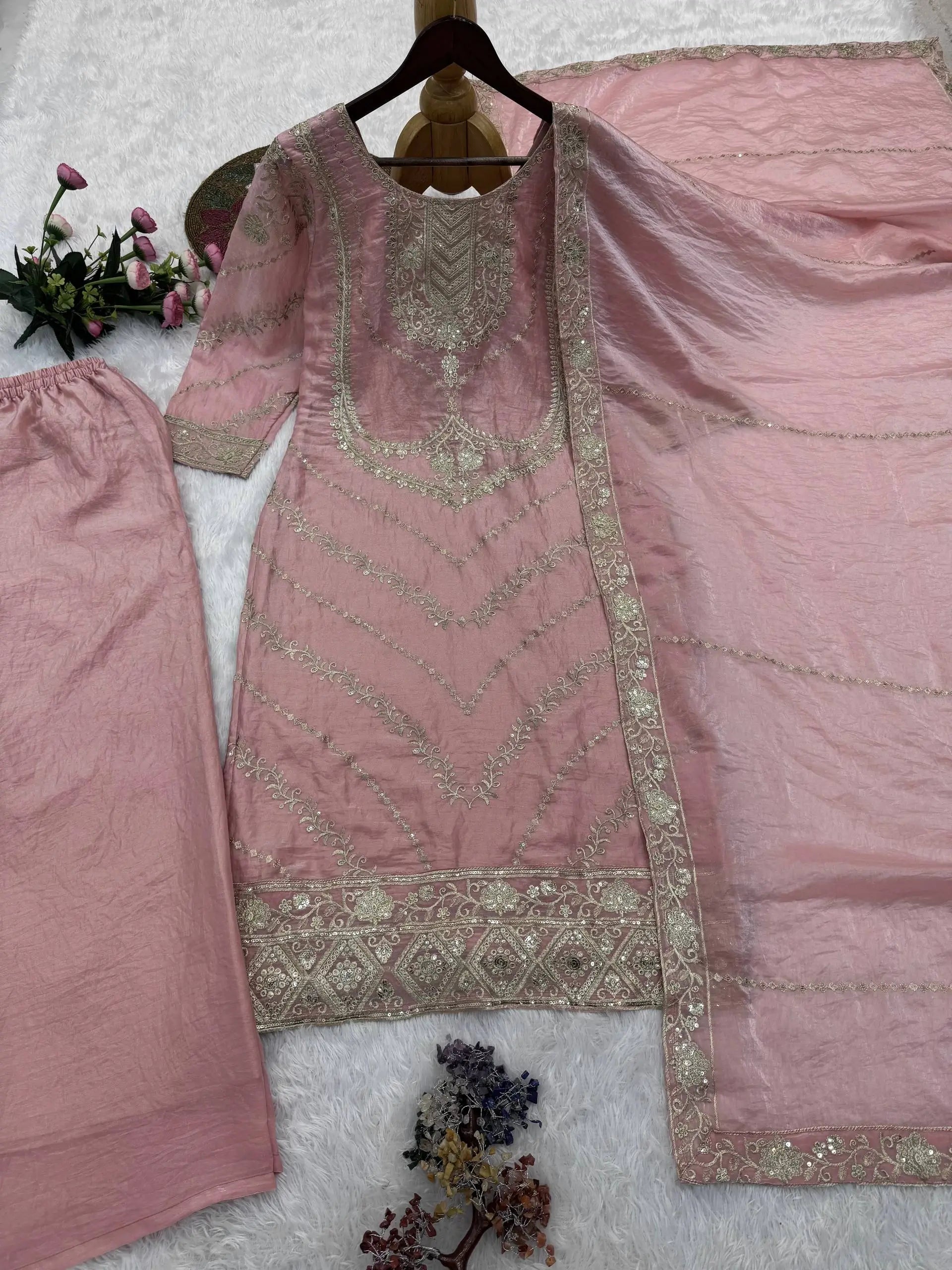 Elegant Embroidered Silk Suit Set for Festive and Wedding Wear