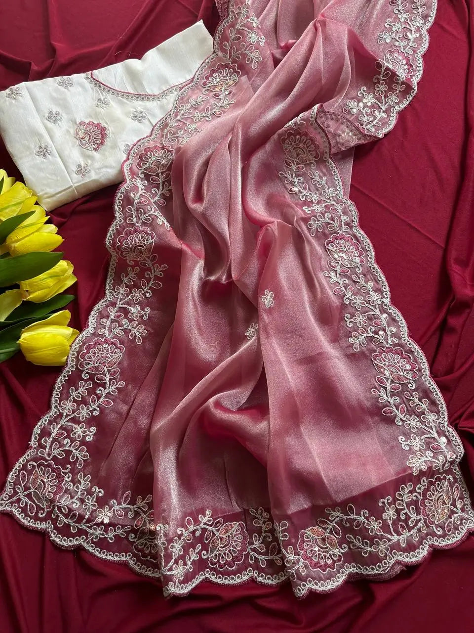 Elegant Embroidered Tissue Silk Saree with Designer Blouse