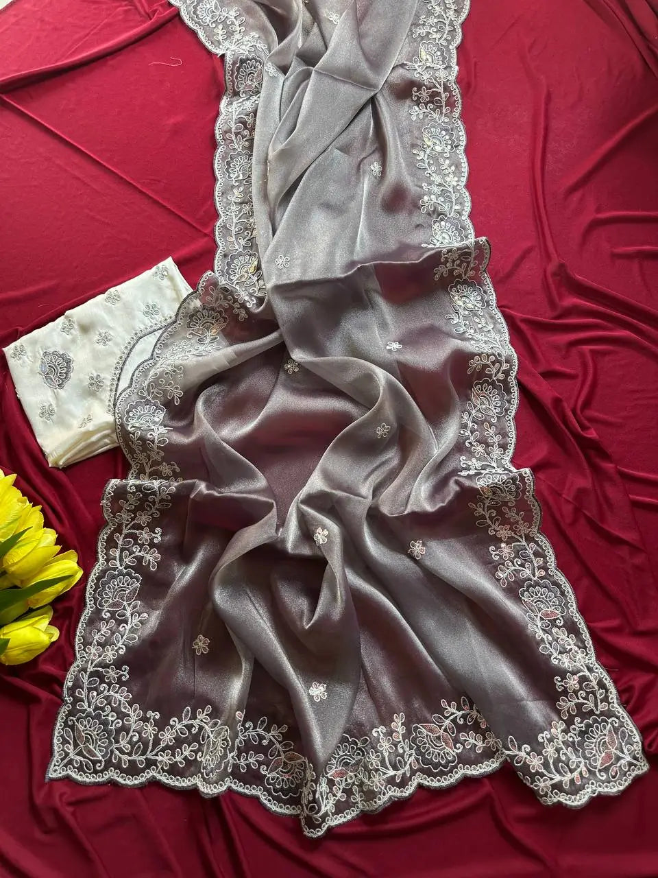 Elegant Embroidered Tissue Silk Saree with Designer Blouse