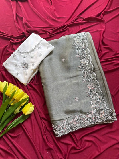 Elegant Embroidered Tissue Silk Saree with Designer Blouse