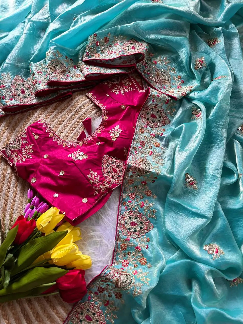 Elegant Fandy Silk Hand Embroidery Work Saree for Wedding and Festive Occasions
