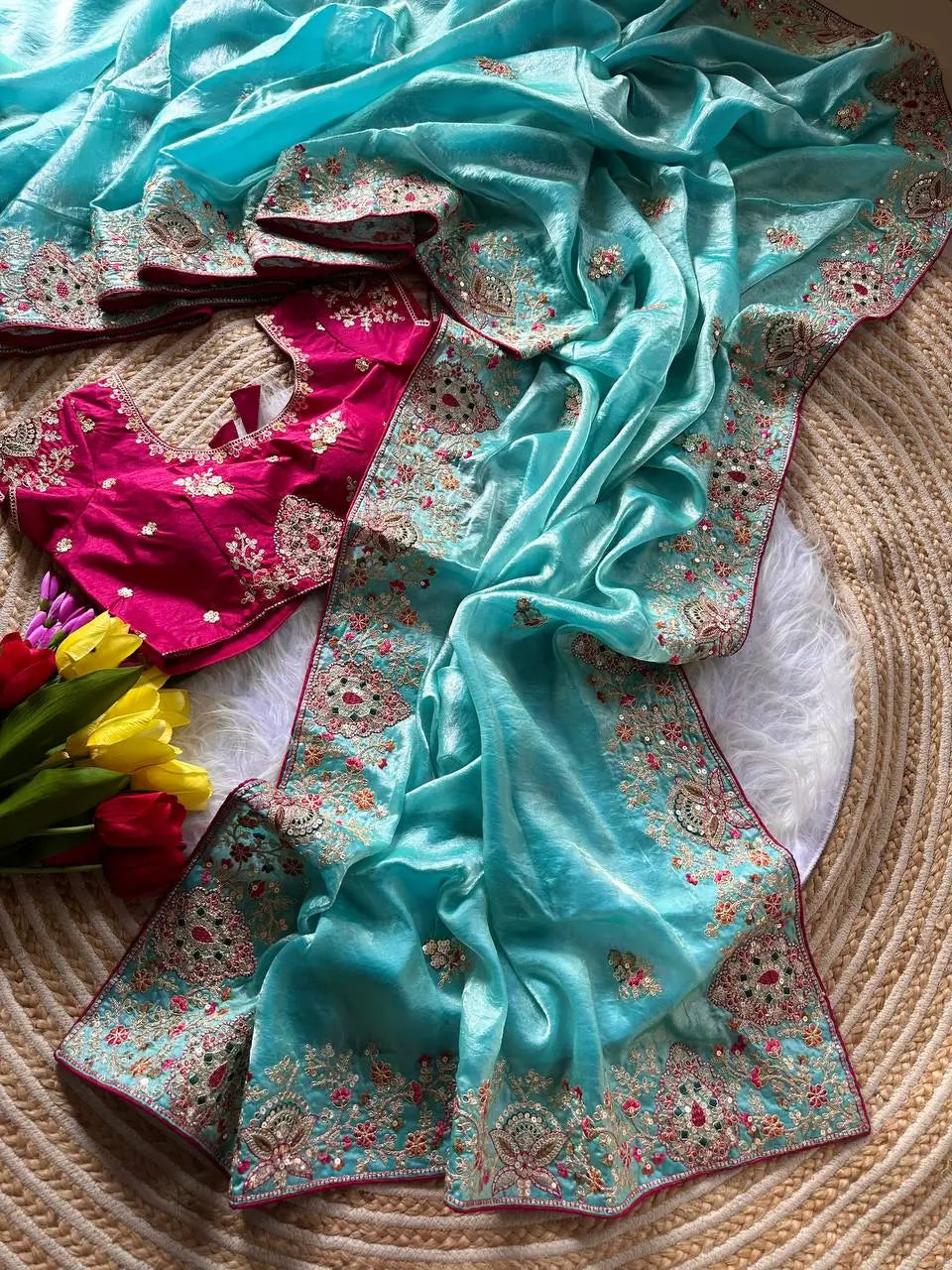 Elegant Fandy Silk Hand Embroidery Work Saree for Wedding and Festive Occasions