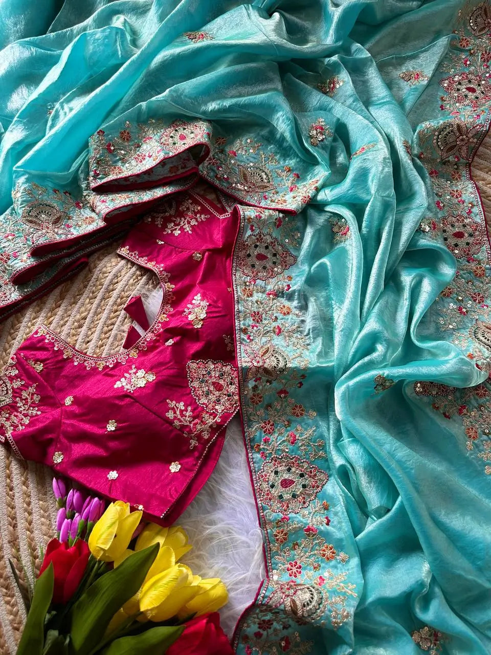 Elegant Fandy Silk Hand Embroidery Work Saree for Wedding and Festive Occasions