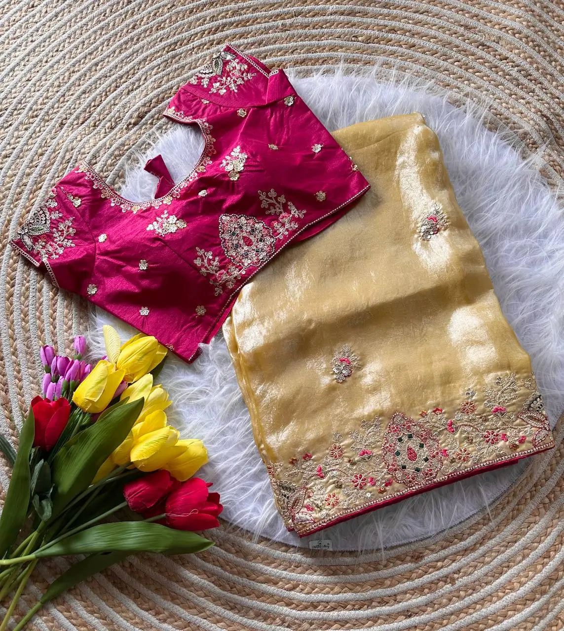 Elegant Fandy Silk Hand Embroidery Work Saree for Wedding and Festive Occasions