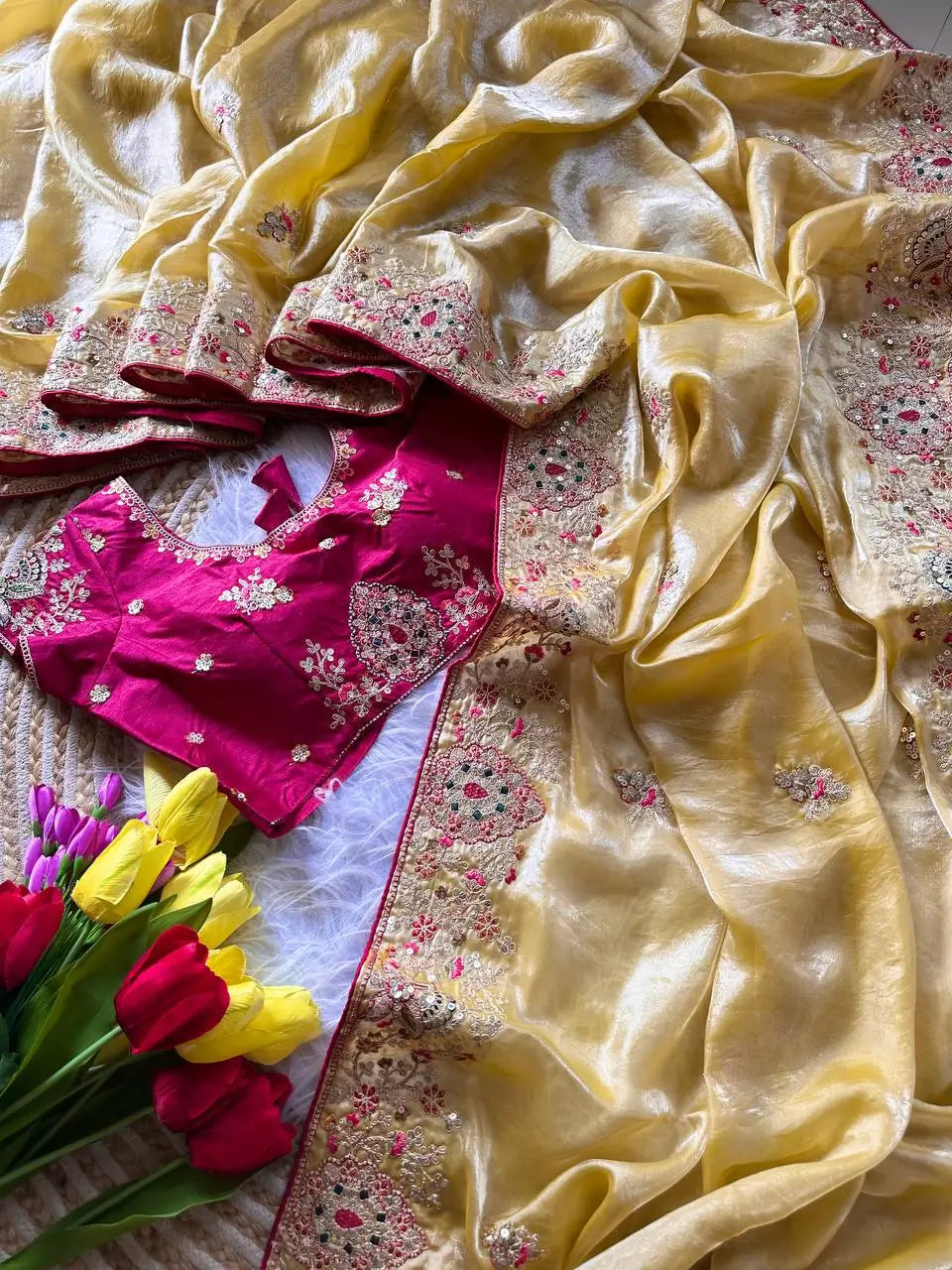 Elegant Fandy Silk Hand Embroidery Work Saree for Wedding and Festive Occasions