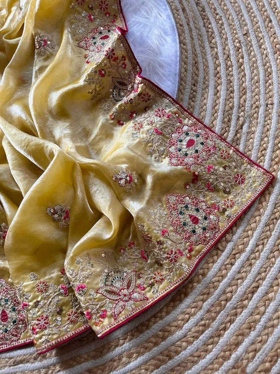 Elegant Fandy Silk Hand Embroidery Work Saree for Wedding and Festive Occasions