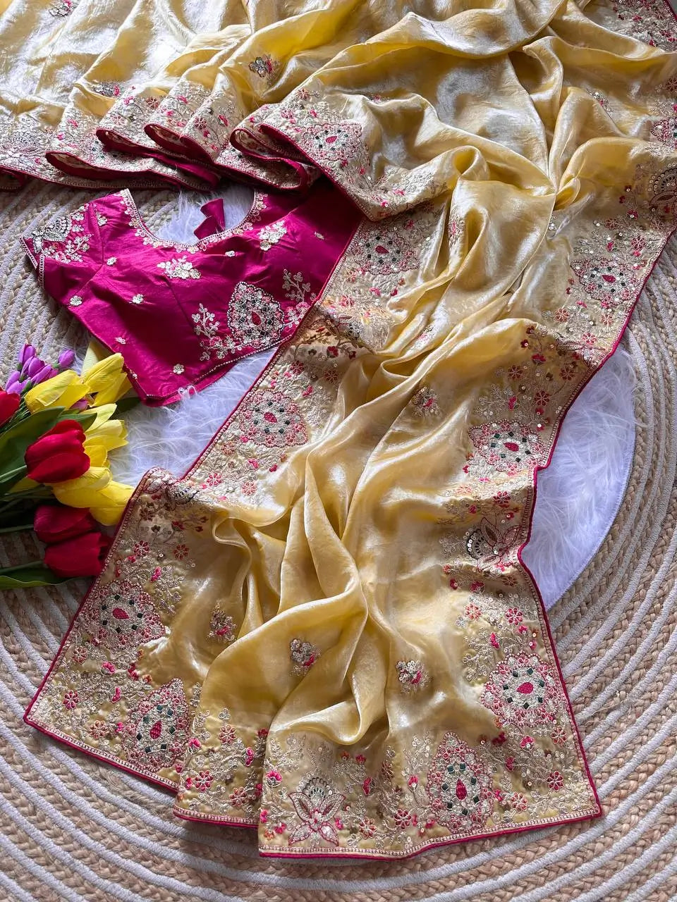 Elegant Fandy Silk Hand Embroidery Work Saree for Wedding and Festive Occasions