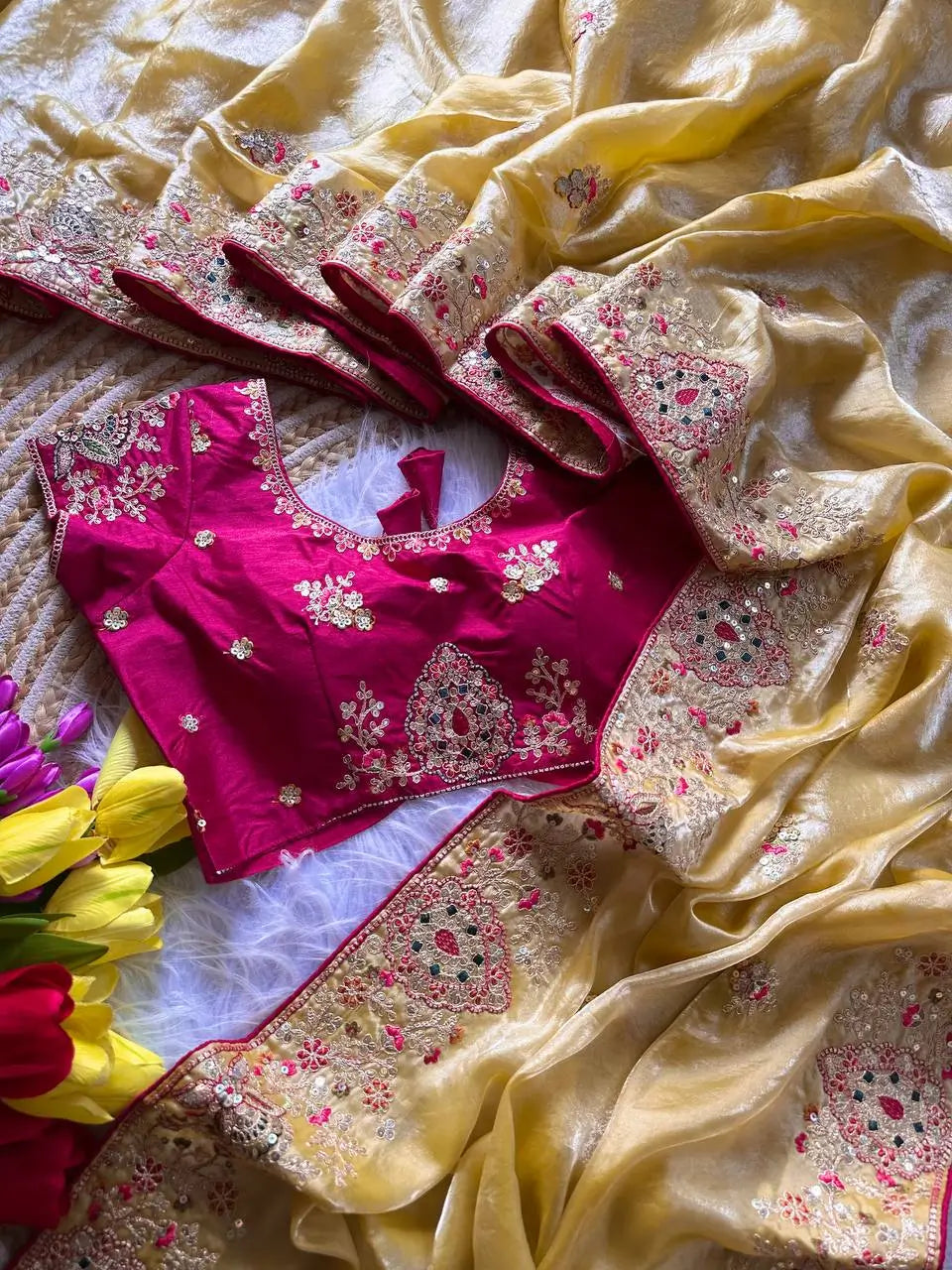 Elegant Fandy Silk Hand Embroidery Work Saree for Wedding and Festive Occasions