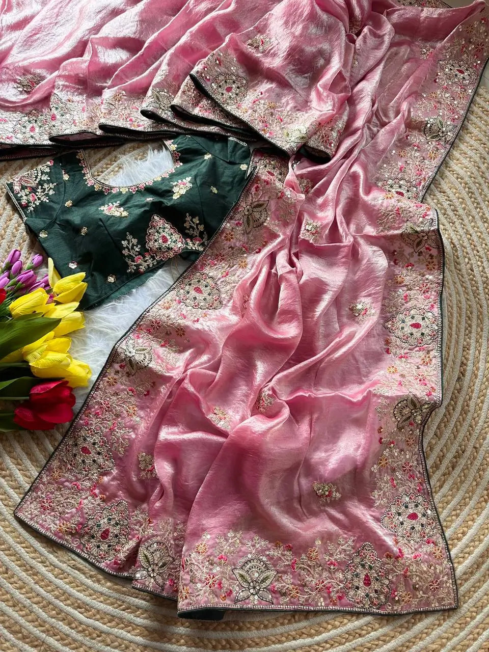Elegant Fandy Silk Hand Embroidery Work Saree for Wedding and Festive Occasions