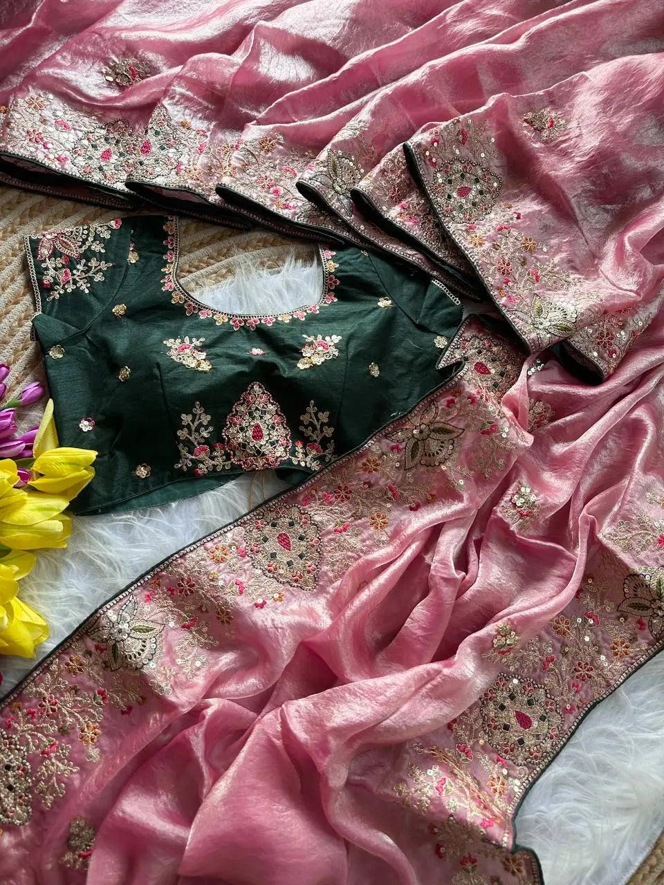 Elegant Fandy Silk Hand Embroidery Work Saree for Wedding and Festive Occasions