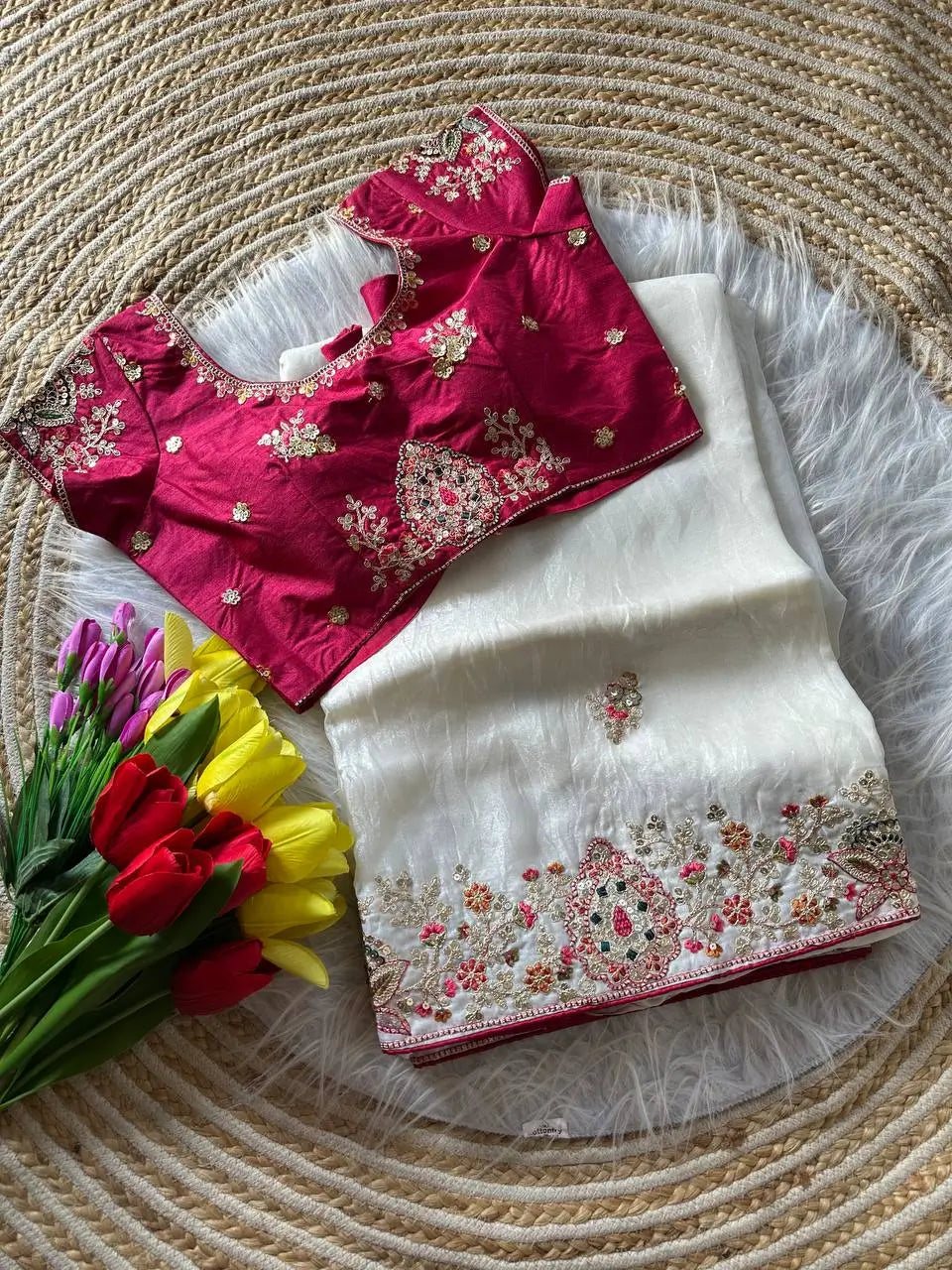 Elegant Fandy Silk Hand Embroidery Work Saree for Wedding and Festive Occasions