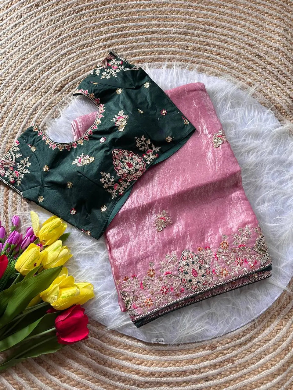 Elegant Fandy Silk Hand Embroidery Work Saree for Wedding and Festive Occasions