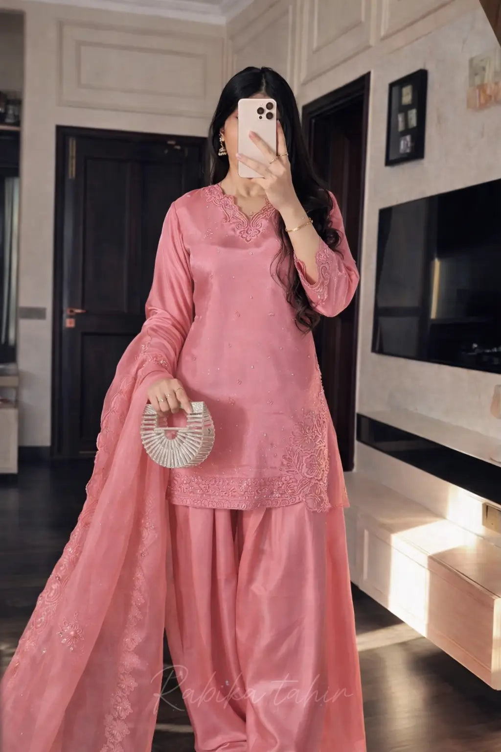 Elegant Farsi Salwar Suit Set with Embroidery for Festive and Party Wear