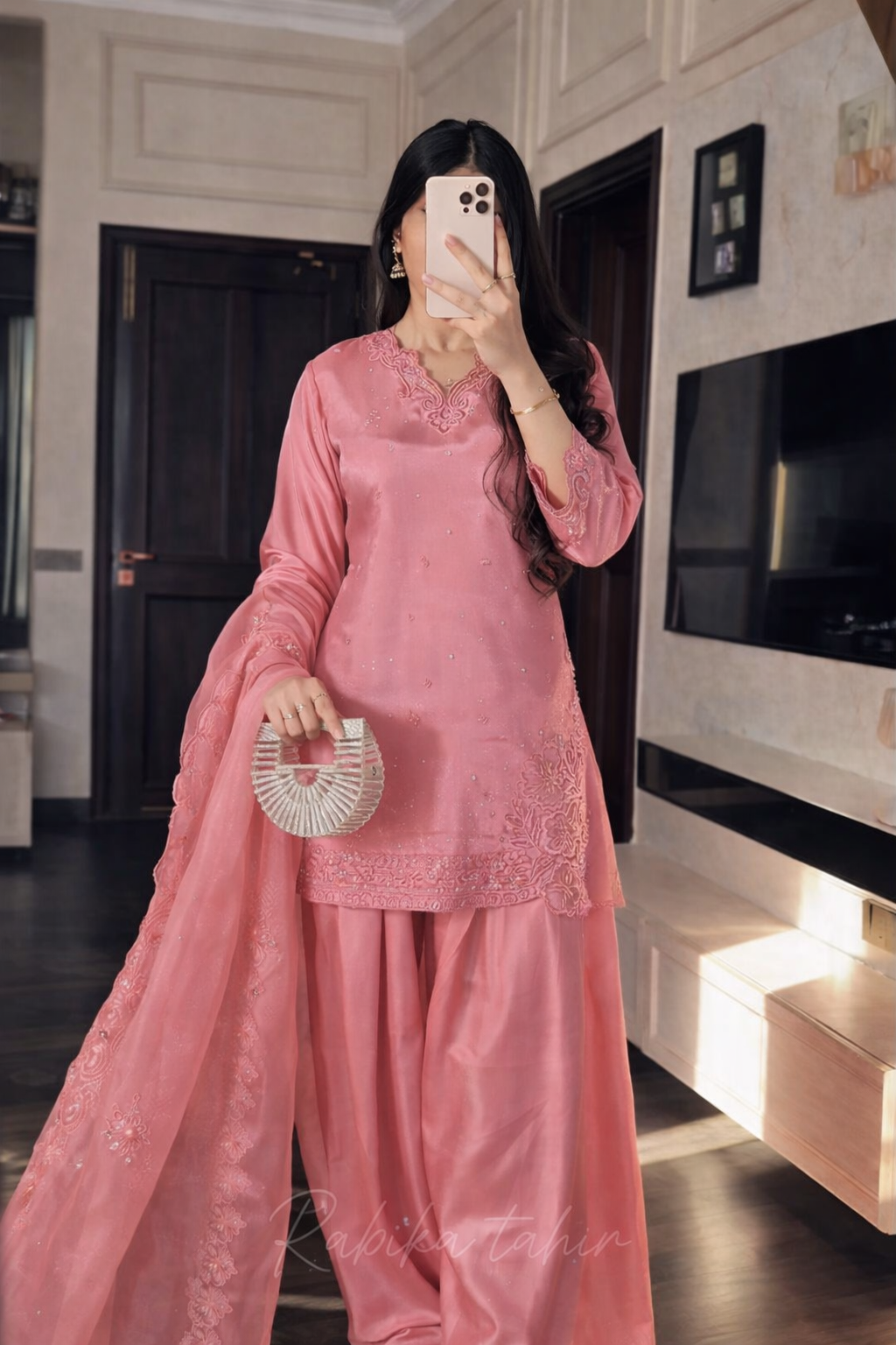 Elegant Farsi Salwar Suit Set with Embroidery for Festive and Party Wear