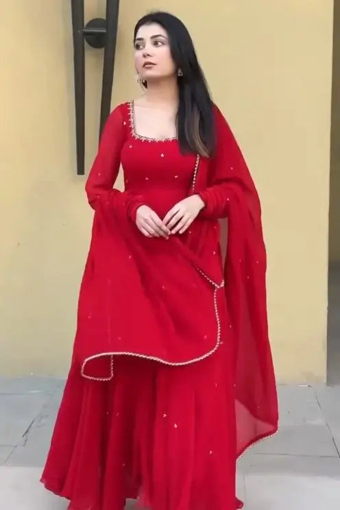 Elegant Faux Georgette Gown Pant Dupatta Set for Festive and Occasion Wear